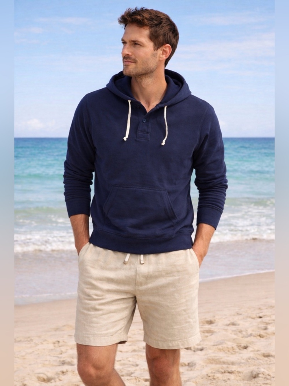 New! J.Crew Men's Navy Waffle-knit cotton henley hoodie